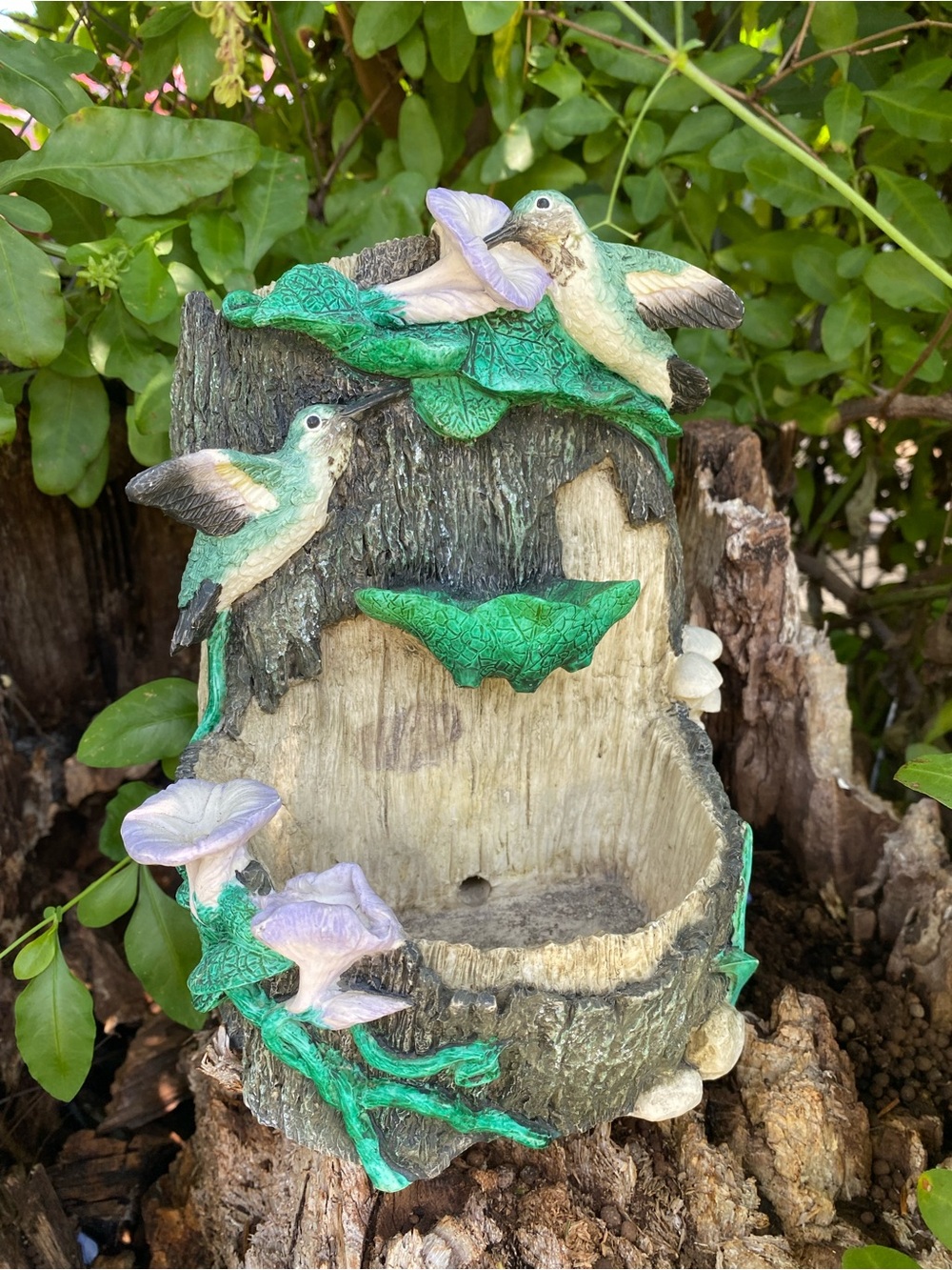 Vintage 90’s Hummingbird Tabletop Fountain Tree Trunk Morning Glory Waterfall